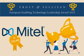 Mitel-Logo, an dem ein goldenes Abzeichen mit der Aufschrift "mit OScAR" hängt; daneben eine isometrische Darstellung von Menschen, die einen großen Pokal tragen