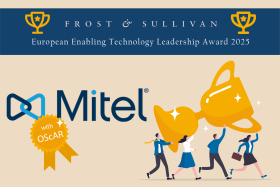 Mitel logo, on which hangs a golden badge with the inscription “with OScAR”; next to it an isometric depiction of people carrying a large trophy