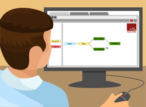 Ein Mitarbeiter sitzt vor einem Bildschirm, auf dem er mit Node-RED einen Workflow erstellt