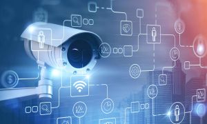 Surveillance camera on a blue background with interconnected white symbols in the foreground